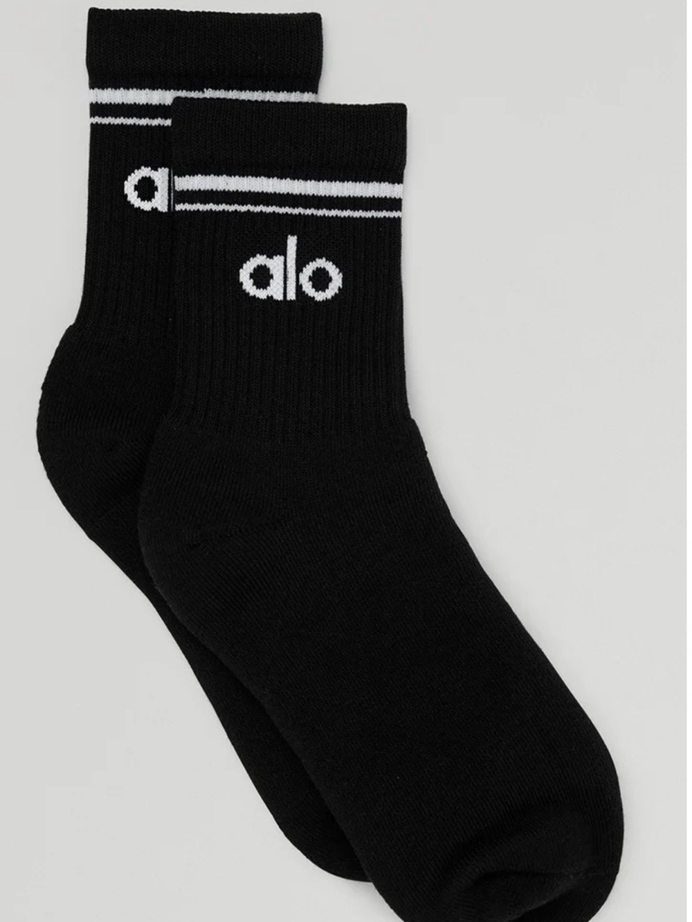 ALO Yoga Black Crew Socks with White Logo Stripe